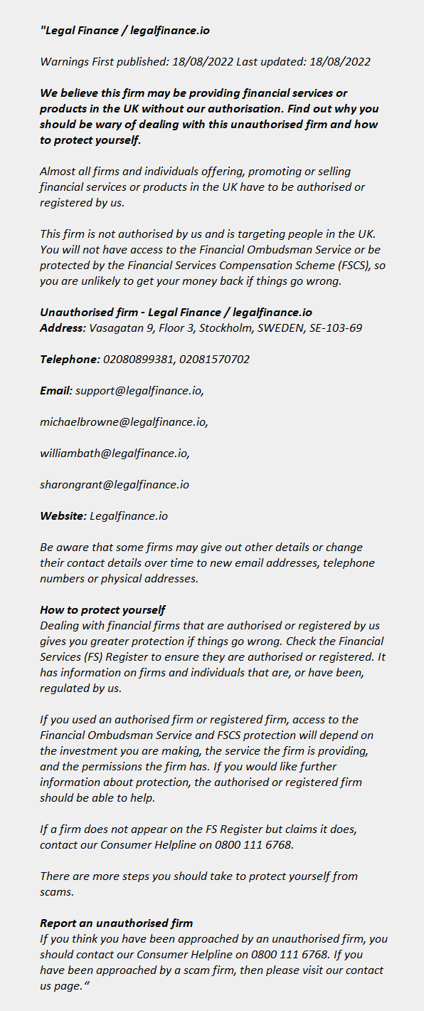 Legalfinance.io: FCA issues warning!