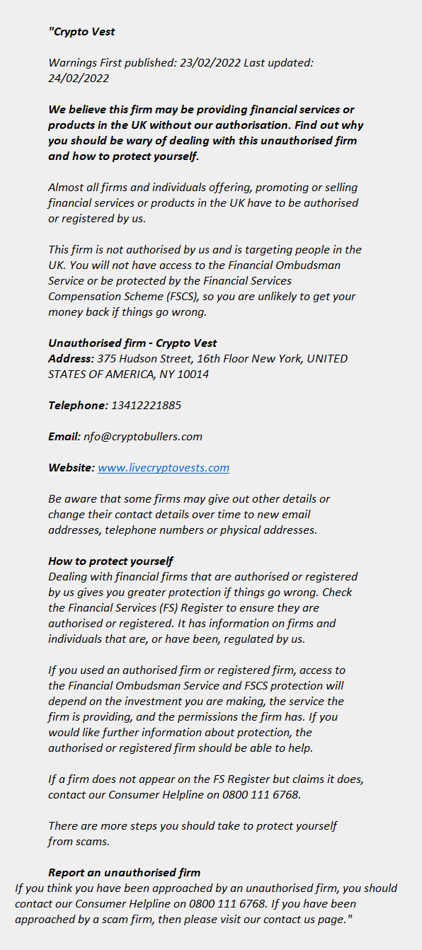 Crypto Vest.net: FCA issues warning! Livecryptovests.com- CRYPTO VEST