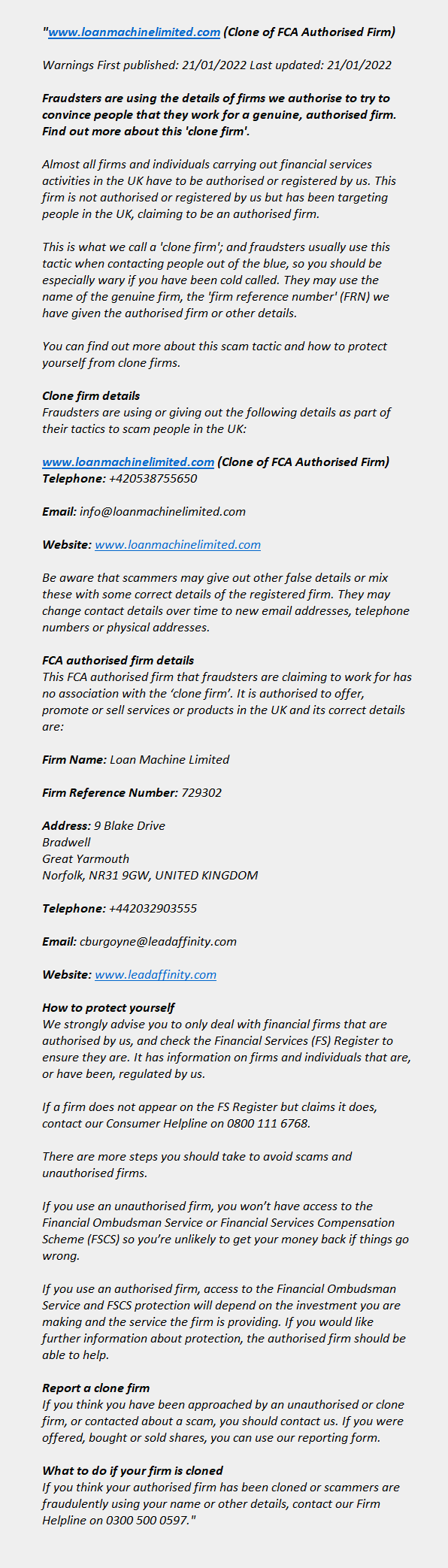 loanmachinelimited.com (clone): FCA issues warning! loanmachinelimited.com (clone)