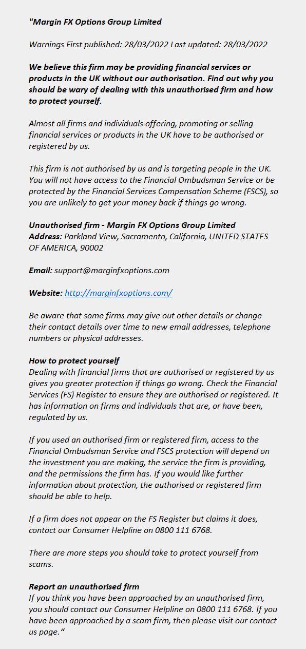 marginfxoptions.com: FCA issues warning! marginfxoptions.com - Margin FX Options Group Limited