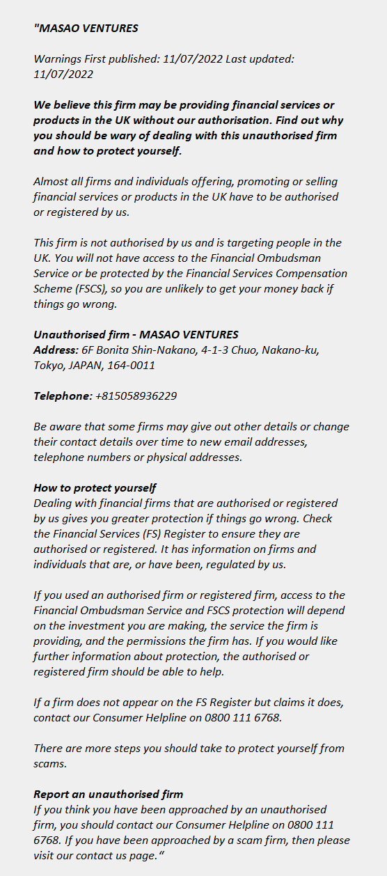 MASAO VENTURES - FCA