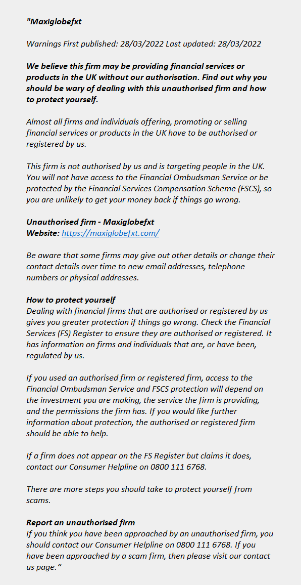 maxiglobefxt.com: FCA issues warning! maxiglobefxt.com - MAXIGLOBEFXT
