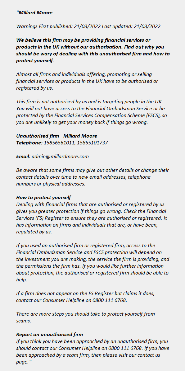 millardmore.com: FCA issues warning! millardmore.com - Millard Moore