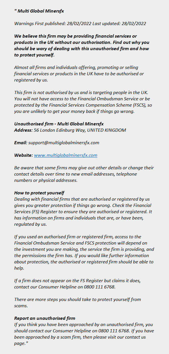 Multiglobalminersfx.com: FCA issues warning! Multiglobalminersfx.com - MULTI GLOBAL MINERSFX