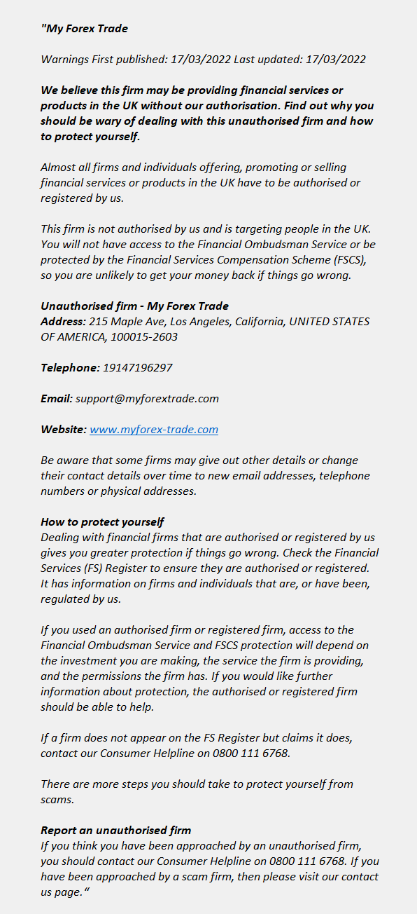 Myforex-trade.com: FCA issues warning! Myforex-trade.com - MY FOREX TRADE