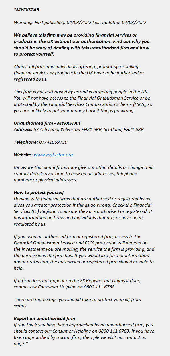 Myfxstar.org: FCA issues warning! Myfxstar.org - MYFXSTAR
