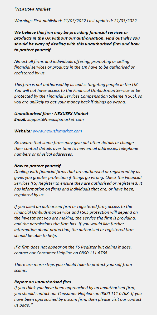 nexusfxmarket.com: FCA issues warning! nexusfxmarket.com - NEXUSFX Market