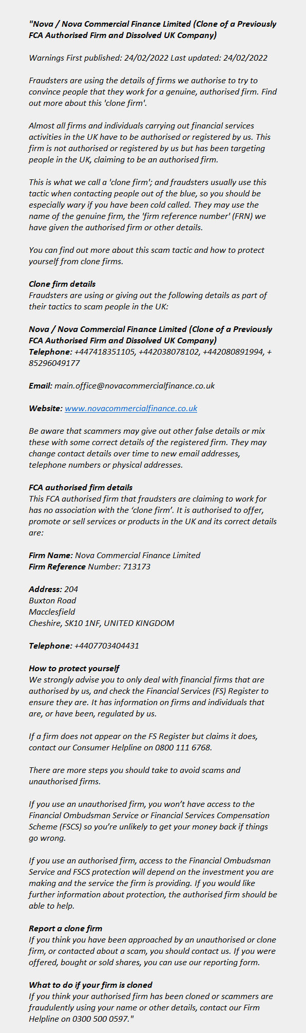 Novacommercialfinance.co.uk (clone): FCA issues warning! What consequences must investors draw from this? Nova / Nova Commercial Finance Limited (Clone) - Novacommercialfinance.co.uk (Clone)