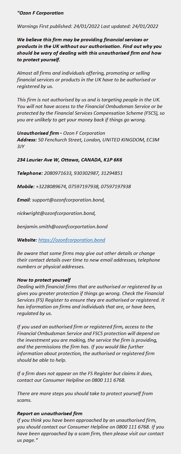 ozonfcorporation.bond: FCA issues warning! OZON F CORPORATION
