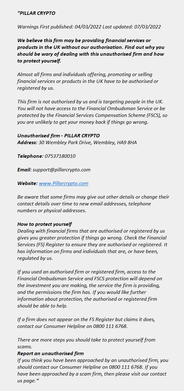 Pillarcrypto.com: FCA issues warning! Pillarcrypto.com - PILLAR CRYPTO