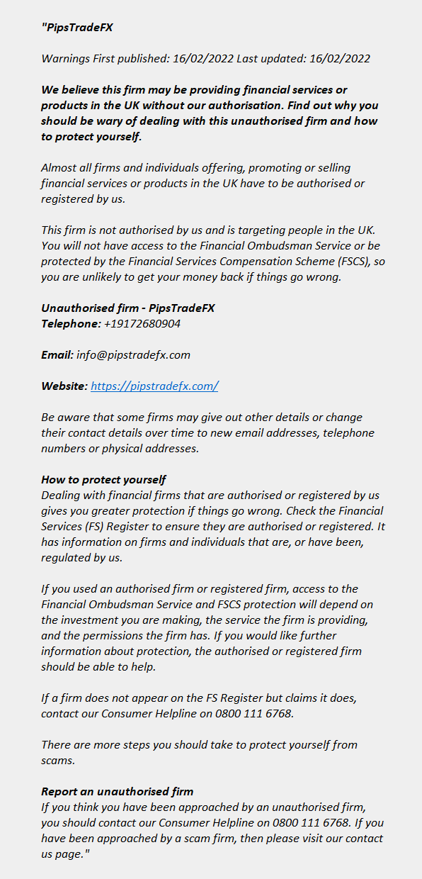 pipstradefx.com: FCA issues warning! Pipstradefx.com - PipsTradeFX