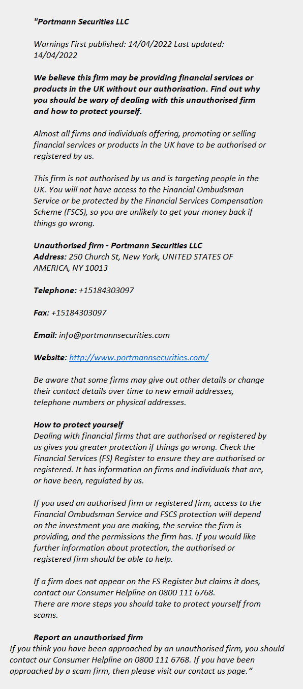 portmannsecurities.com: FCA issues warning! portmannsecurities.com - PORTMANN SECURITIES LLC