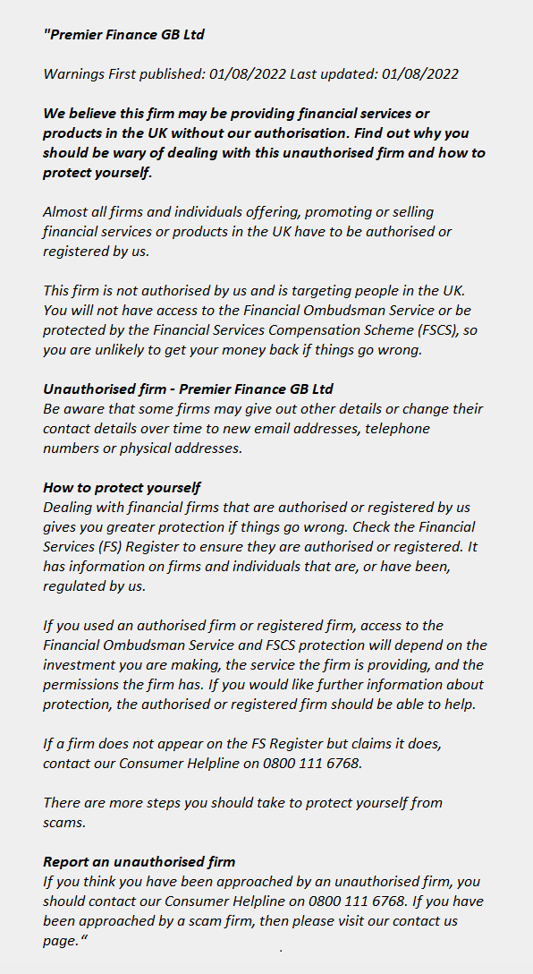 Premier Finance GB Ltd - FCA