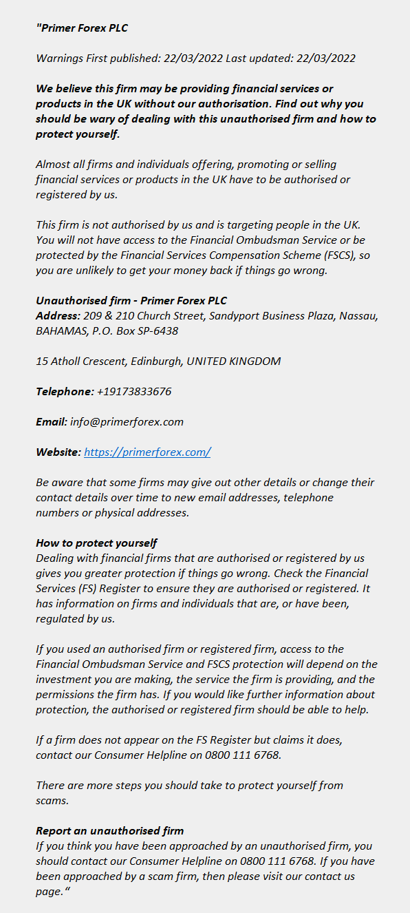 primerforex.com: FCA issues warning! primerforex.com - PRIMER FOREX PLC