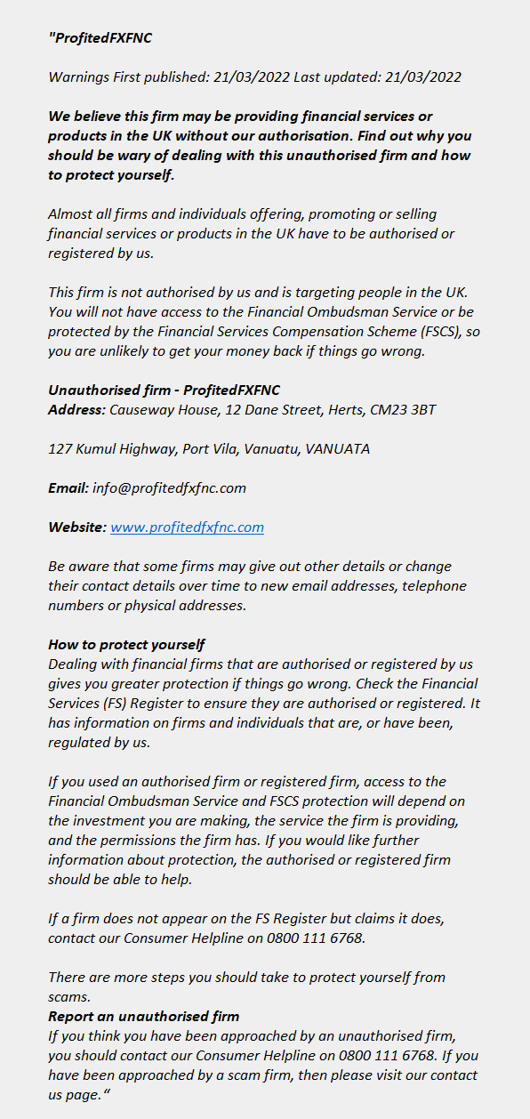 profitedfxfnc.com: FCA issues warning! profitedfxfnc.com - ProfitedFXFNC