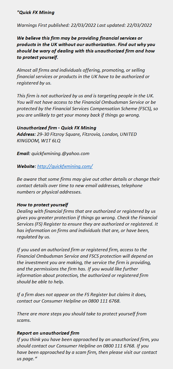 quickfxmining.com: FCA issues warning! quickfxmining.com - QUICK FX MINING
