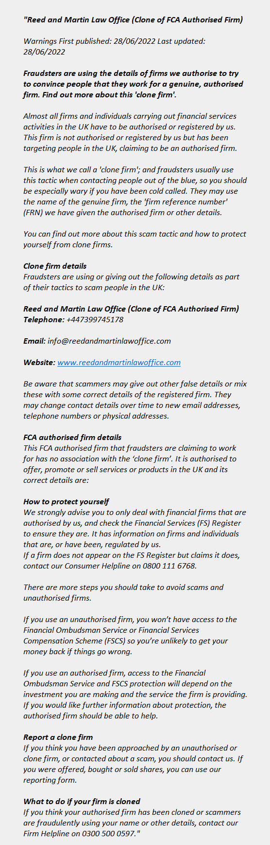 reedandmartinlawoffice.com (clone firm): FCA issues warning! reedandmartinlawoffice.com (Clone) ++ Reed and Martin Law Office (Clone)
