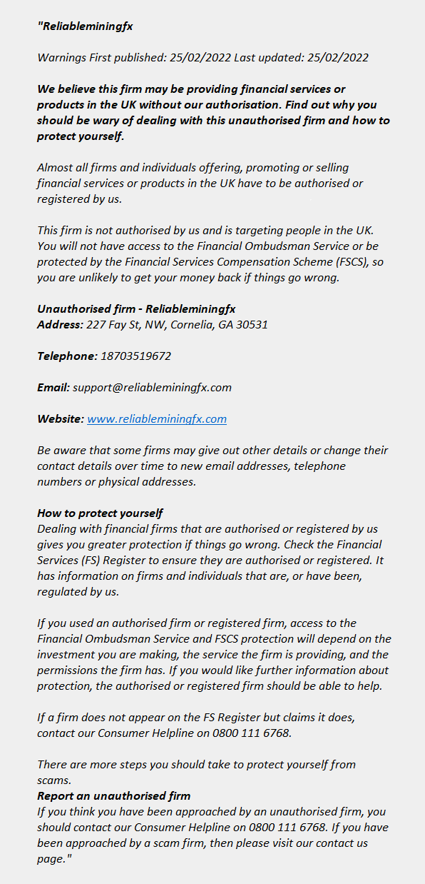 RELIABLEMININGFX.net: FCA issues warning! Reliableminingfx.com - RELIABLEMININGFX