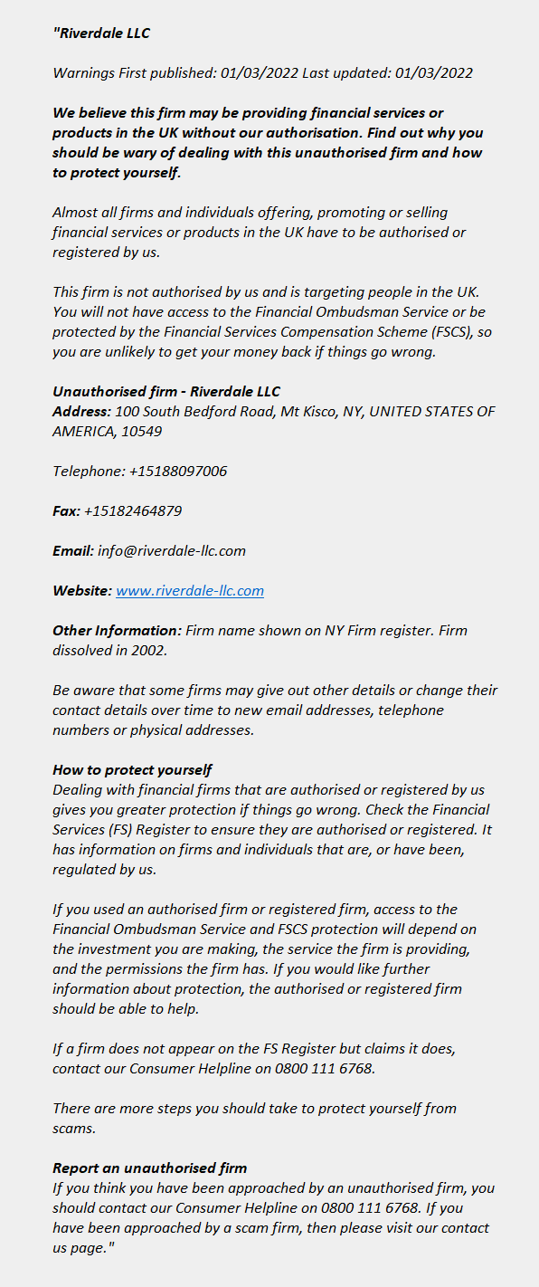 Riverdale-llc.com: FCA issues warning! Riverdale-llc.com - RIVERDALE LLC