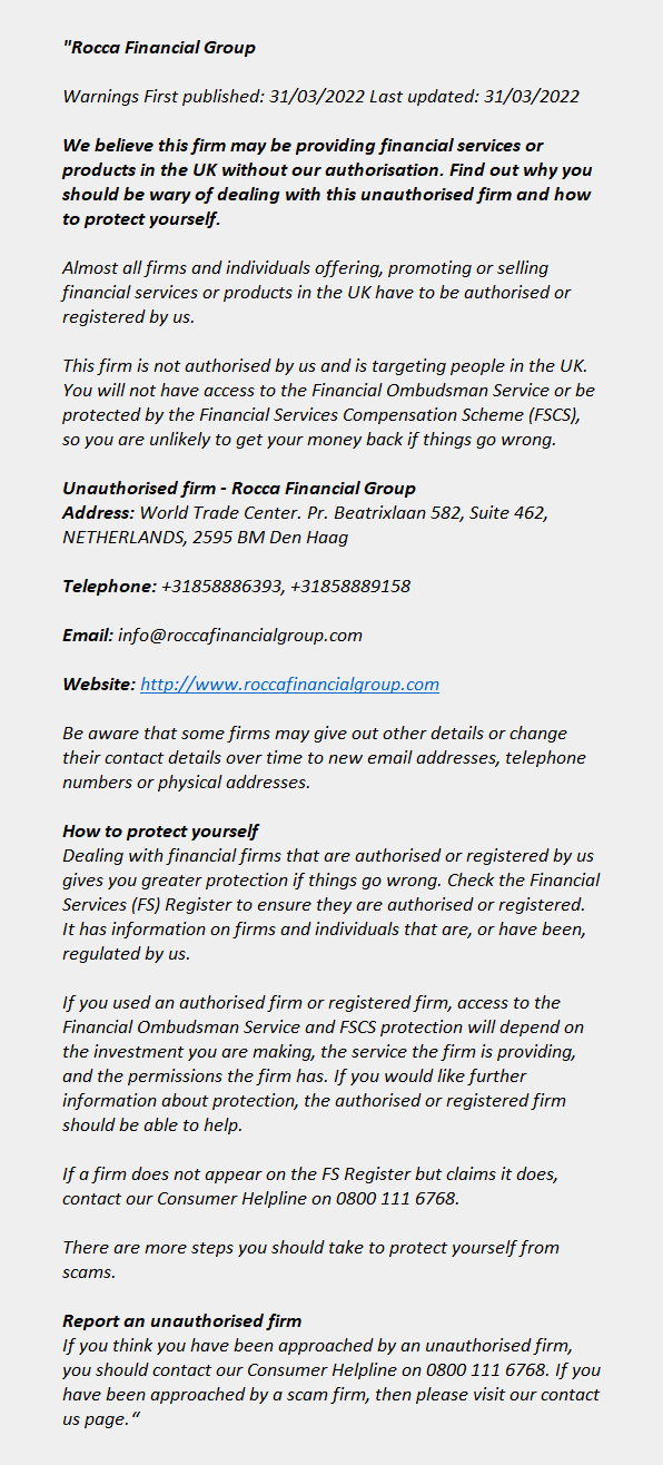 roccafinancialgroup.com: FCA issues warning! roccafinancialgroup.com - ROCCA FINANCIAL GROUP