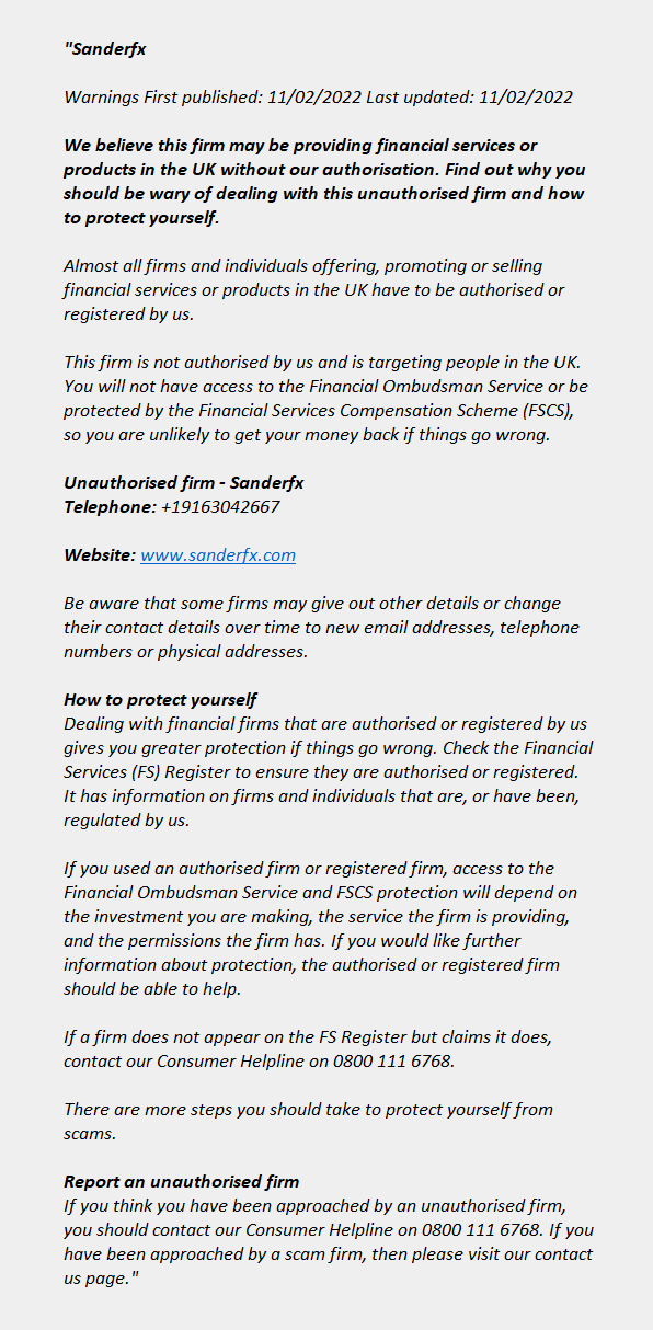 sanderfx.com: FCA issues warning! Sanderfx.com - SANDERFX