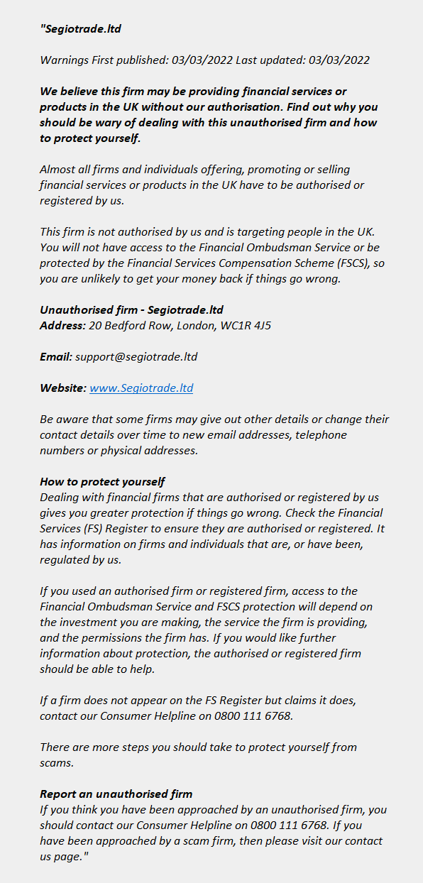 Segiotrade.ltd: FCA issues warning! Segiotrade.ltd - FCA