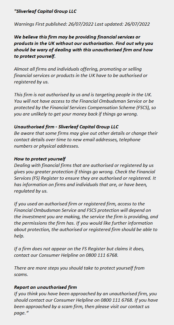 Sliverleaf Capital Group LLC - FCA