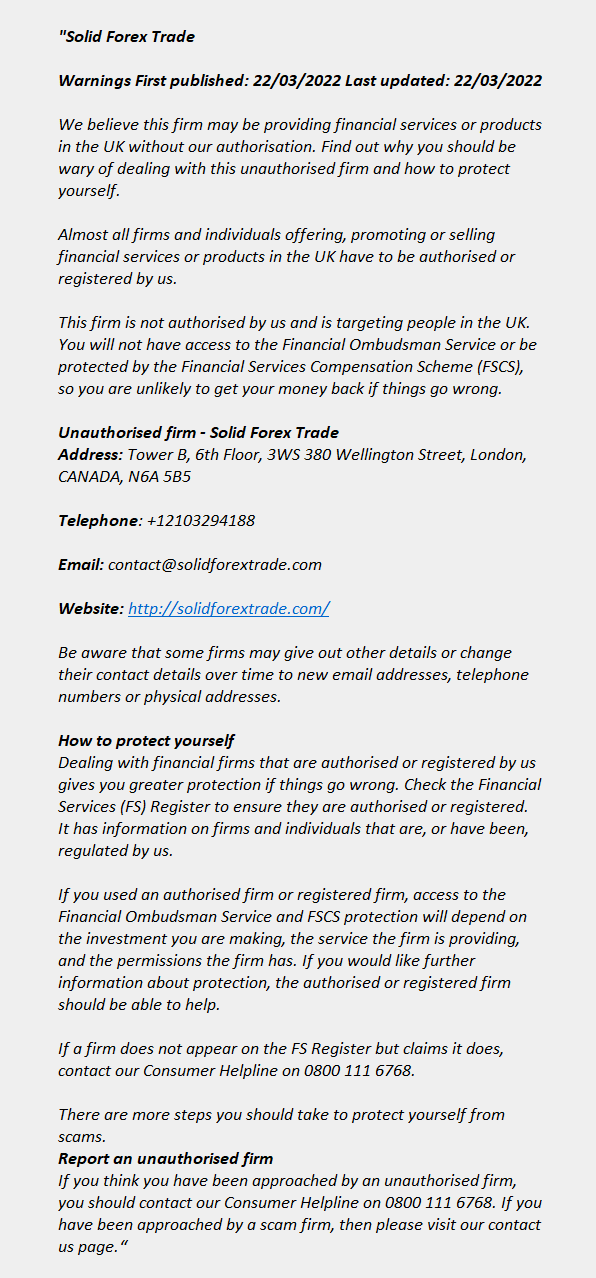 solidforextrade.com: FCA issues warning! solidforextrade.com - SOLID FOREX TRADE