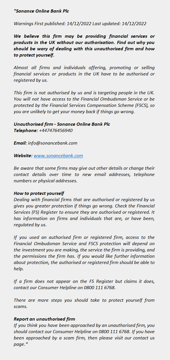 sonancebank.com – SONANCE ONLINE BANK PLC