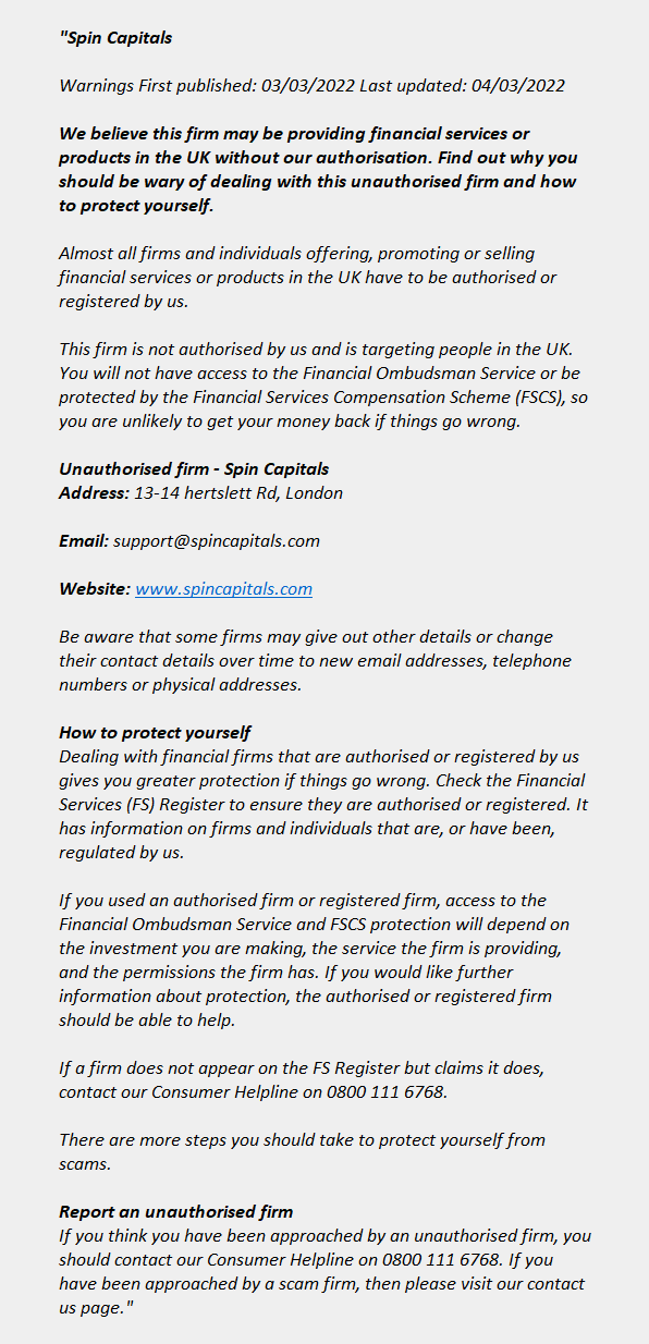 Spincapitals.com: FCA issues warning! Spincapitals.com - SPIN CAPITALS