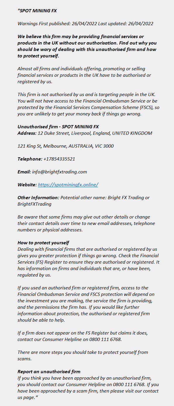 spotminingfx.online: FCA issues warning! spotminingfx.online - SPOT MINING FX