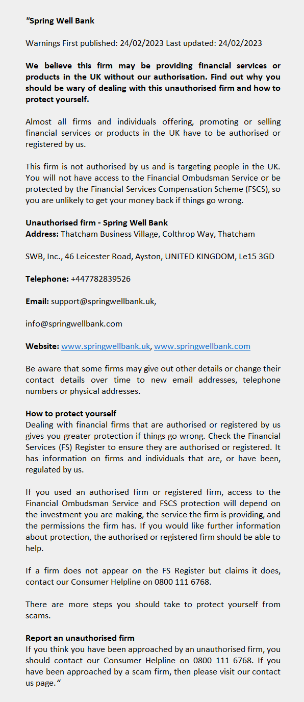 SPRINGWELLBANK.UK & SPRINGWELLBANK.COM – SPRING WELL BANK