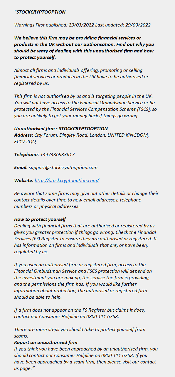 stockcryptooption.com: FCA issues warning! stockcryptooption.com - STOCKCRYPTOOPTION