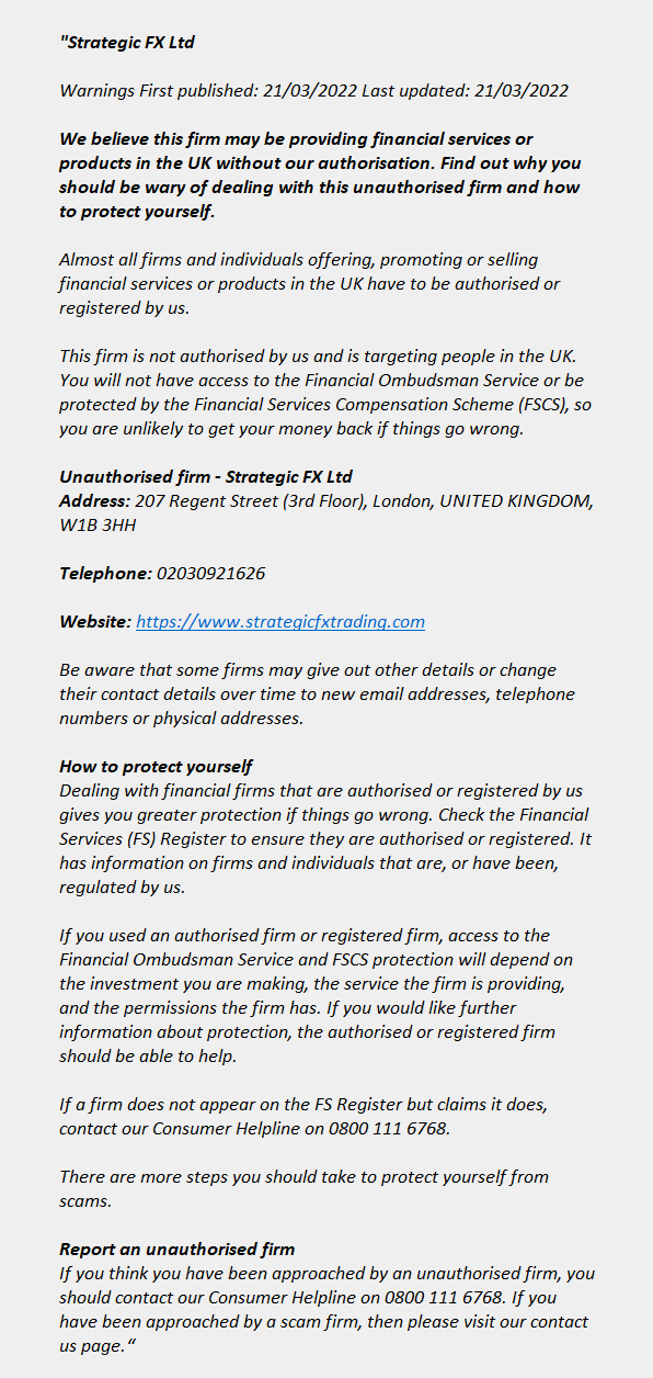 strategicfxtrading.com: FCA issues warning! strategicfxtrading.com - Strategic FX Ltd