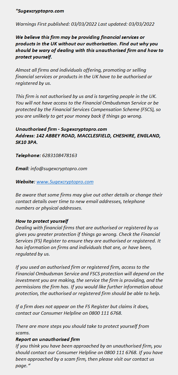 Sugexcryptopro.com: FCA issues warning! Sugexcryptopro.com - FCA