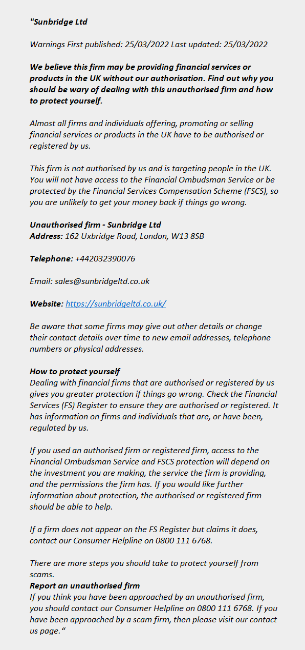 SUNBRIDGELTD.CO.UK: FCA issues warning! SUNBRIDGELTD.CO.UK - Sunbridge Ltd