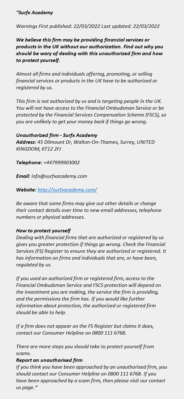 surfxacademy.com: FCA issues warning! surfxacademy.com - SURFX ACADEMY