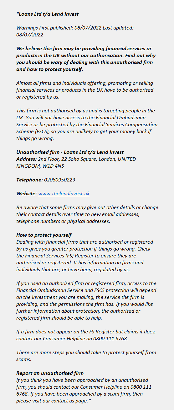 thelendinvest.uk - LOANS LTD T/A LEND INVEST