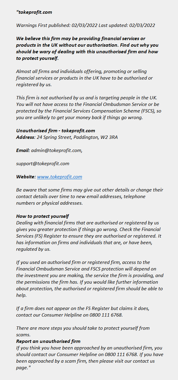 Tokeprofit.com: FCA issues warning! Tokeprofit.com