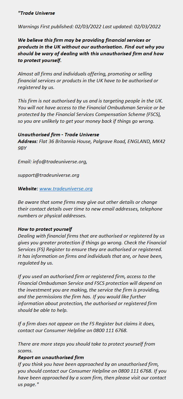 Tradeuniverse.org: FCA issues warning! Tradeuniverse.org - TRADE UNIVERSE