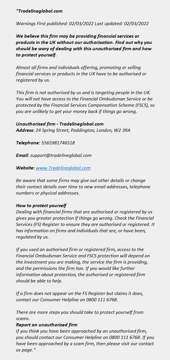 Tradelineglobal.com: FCA issues warning! Tradelineglobal.com