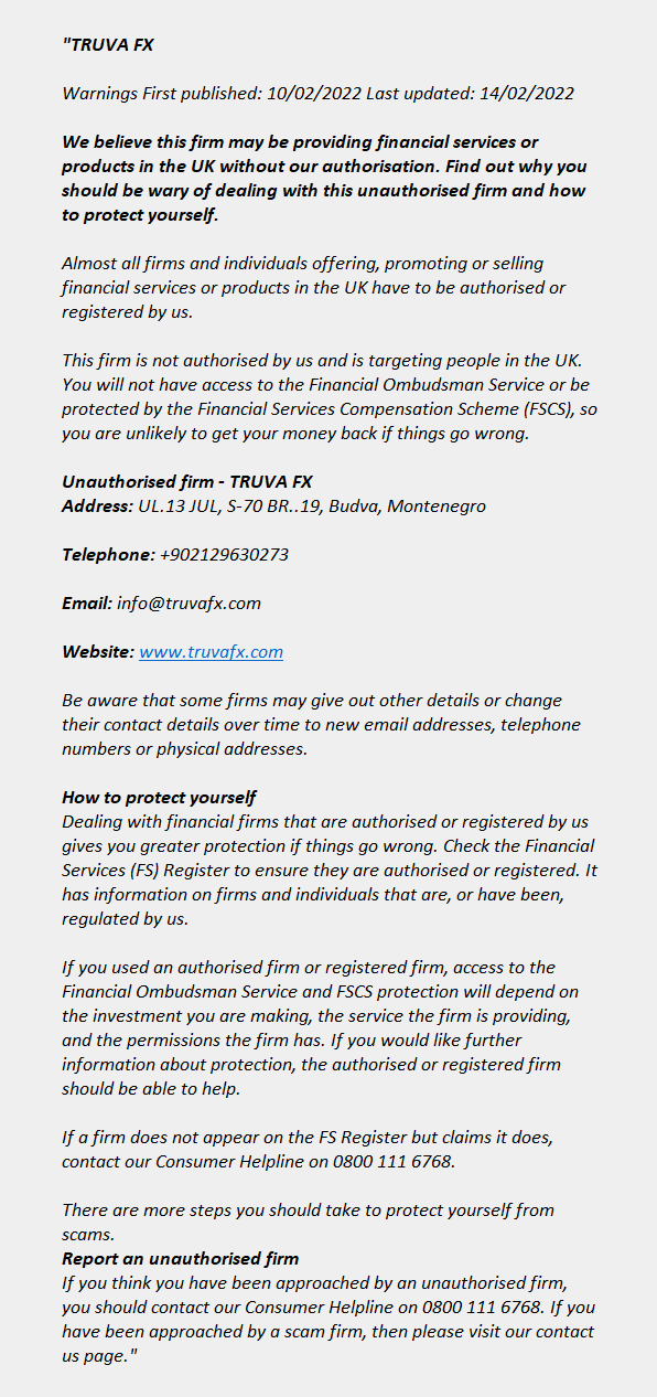 truvafx.com: FCA issues warning! Truvafx.com - TRUVA FX