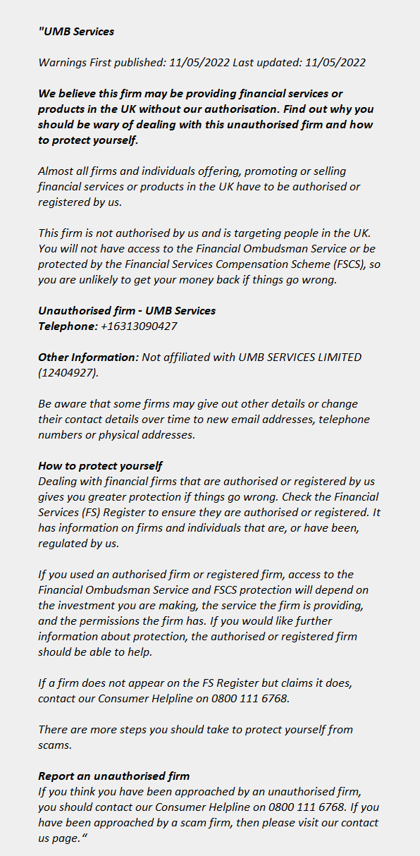 UMB Services ++ FCA Warning List