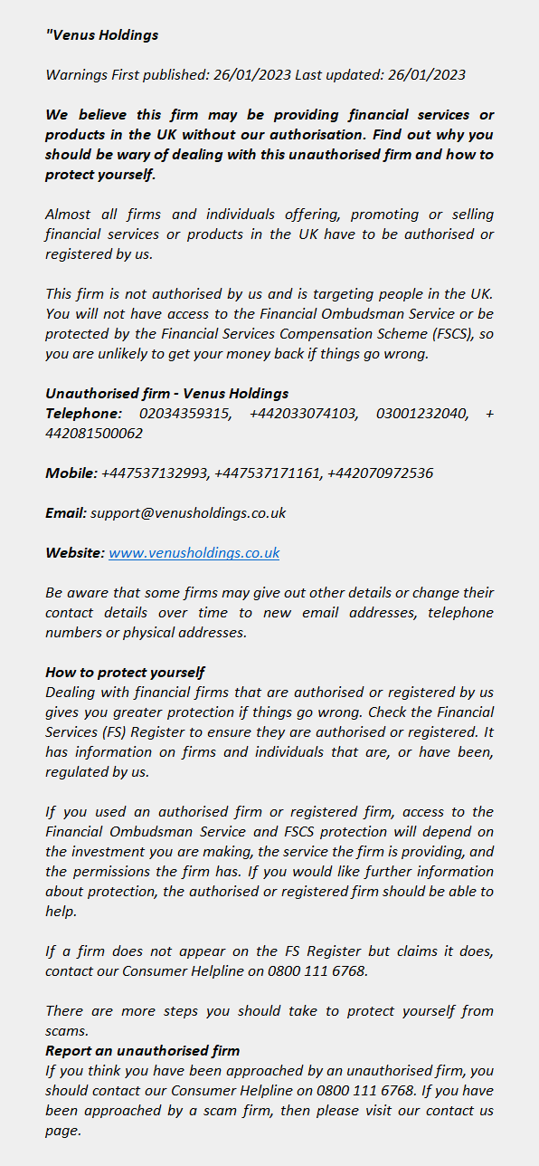 VENUSHOLDINGS.CO.UK – VENUS HOLDINGS