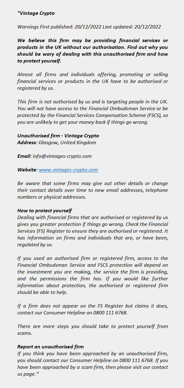 VINTAGE CRYPTO.net: FCA issues warning! vintages-crypto.com – VINTAGE CRYPTO