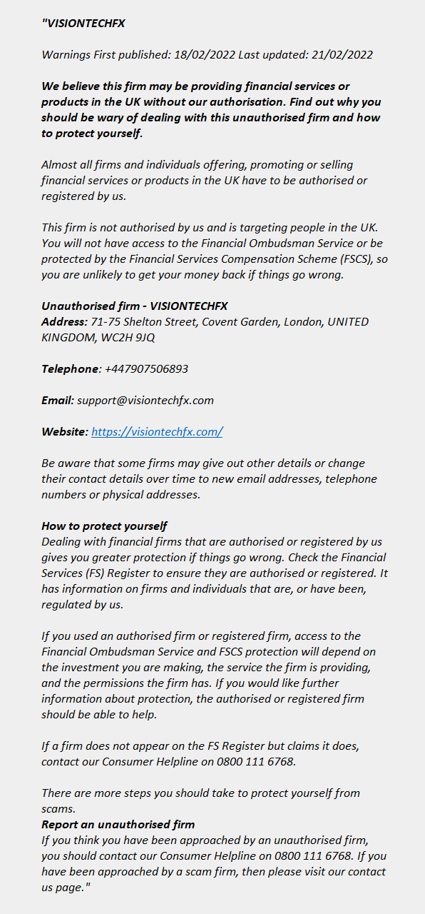 VISIONTECHFX.com: FCA issues warning! Visiontechfx.com - VISIONTECHFX