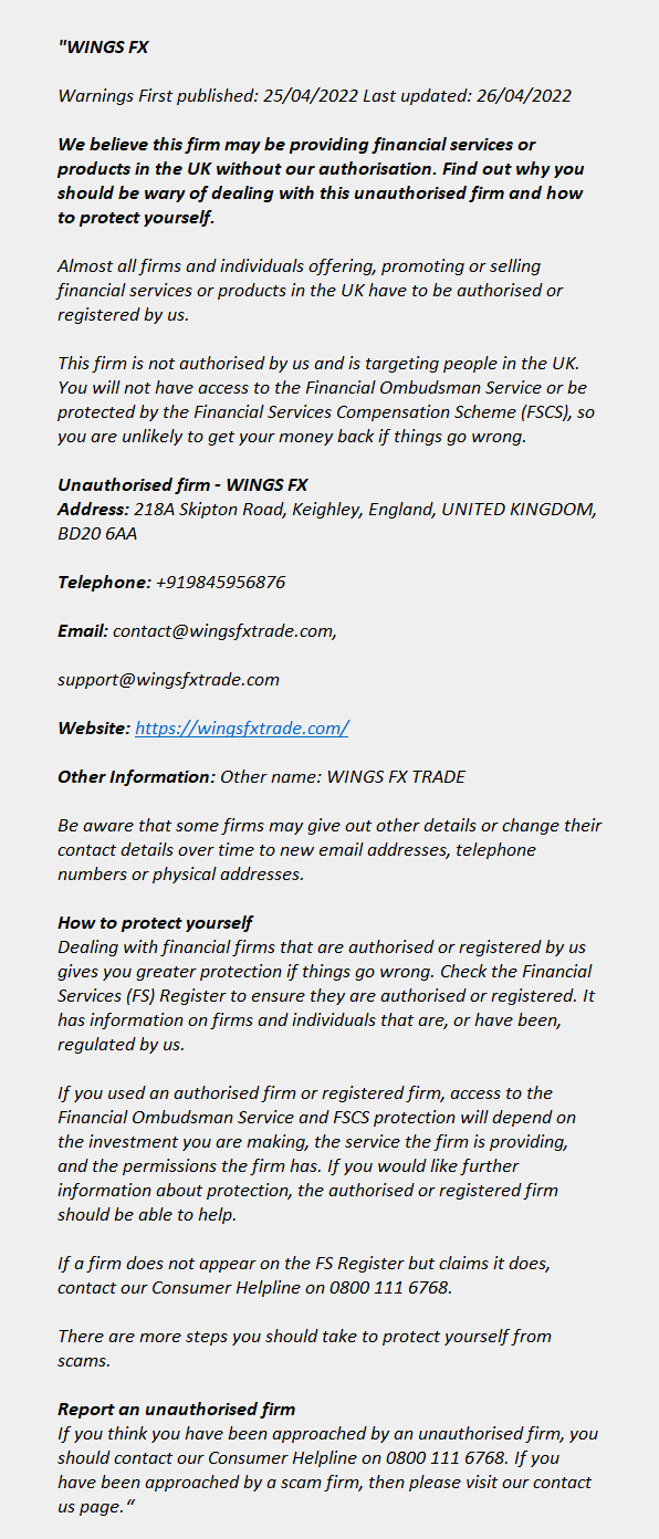 wingsfxtrade.com: FCA issues warning! wingsfxtrade.com - WINGS FX