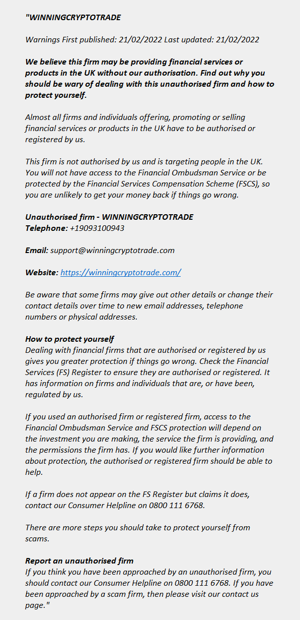 Winningcryptotrade.com: FCA issues warning! Winningcryptotrade.com - WINNINGCRYPTOTRADE