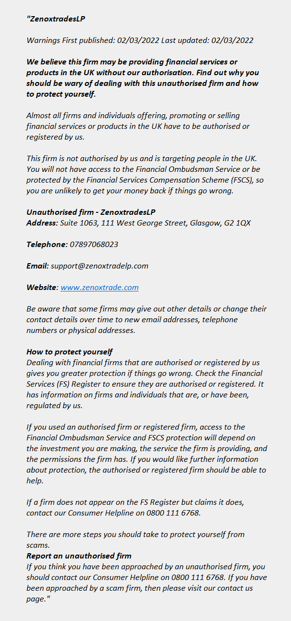 Zenoxtrade.com: FCA issues warning! Zenoxtrade.com - ZENOXTRADESLP