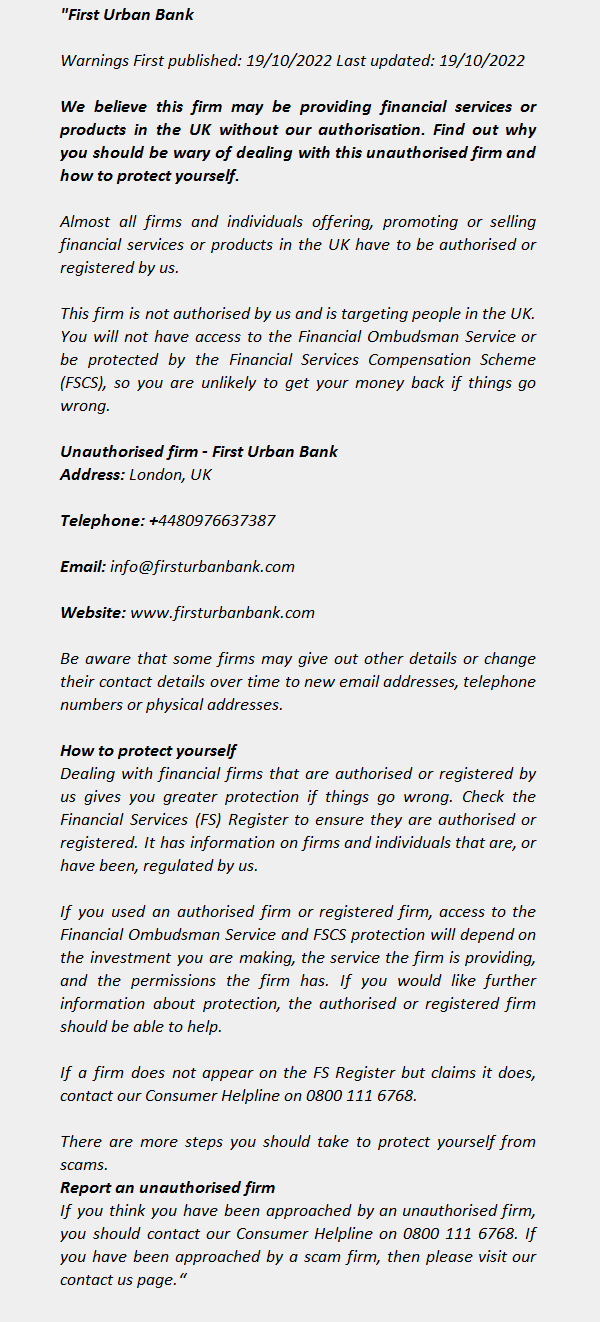 FIRST URBAN BANK of the FCA Warning List 